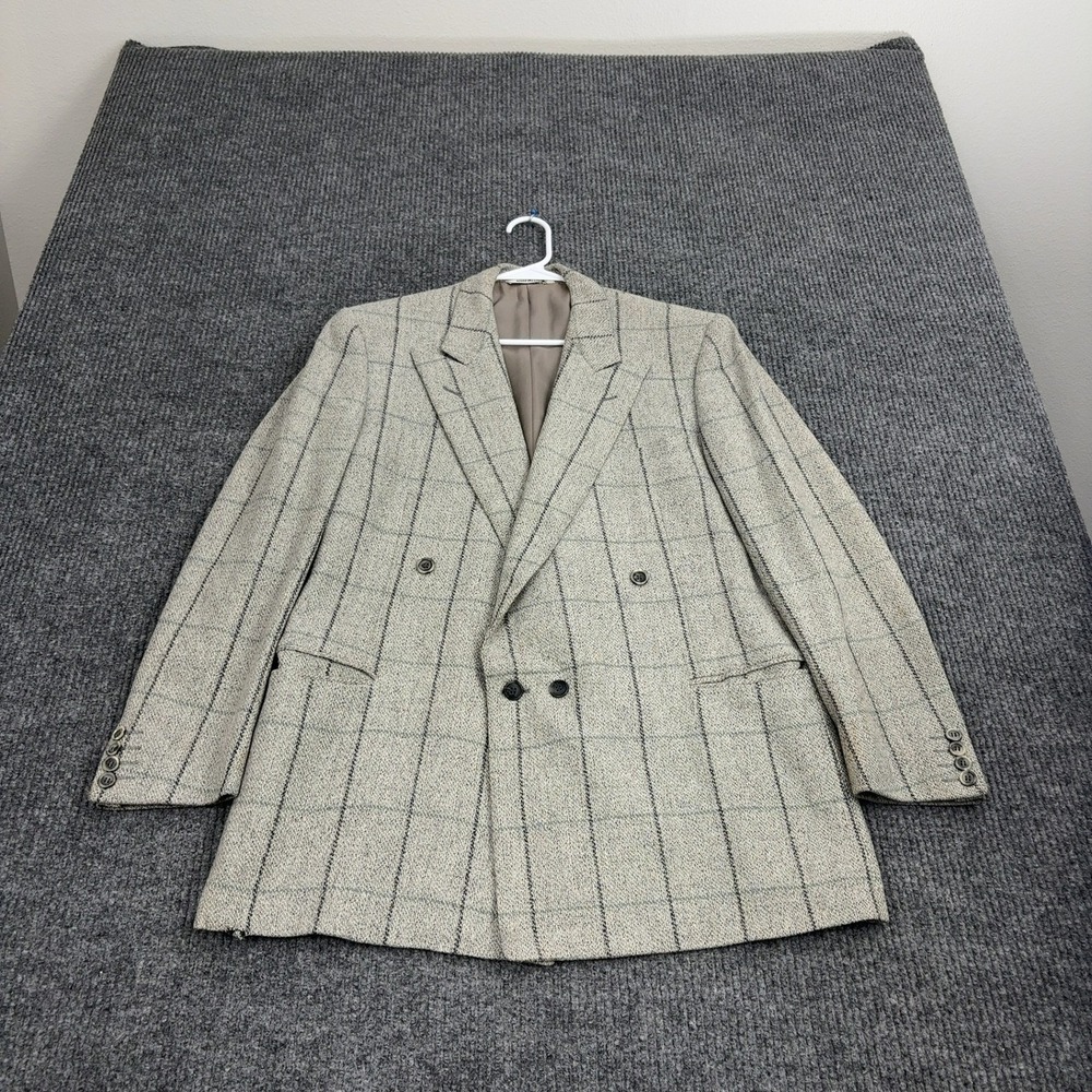 Vintage Canali Milano Blazer Mens 48R Grey‎ Wool Silk Windowpane Double Breasted